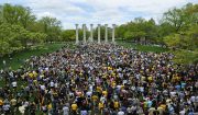 University of Missouri students participate in Tiger Prowl on May 4. Tiger Prowl occurs each May and is the reverse of Tiger Walk. During the prowl, graduating seniors stand on the south side of Francis Quadrangle and walk through the Columns toward the city of Columbia to symbolize their upcoming graduation from the university. More than 5,500 students are expected to receive degrees from Mizzou during the weekend of May 11-13.